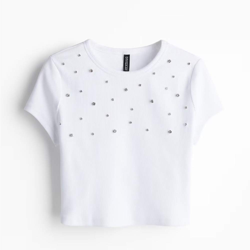 NWT Divided White Crop Top with Silver Rhinestone Accents